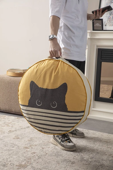 Kedi Desenli Dekoratif Yuvarlak Puf Yer Minderi Taşınabilir 60 x 60 cm - 2