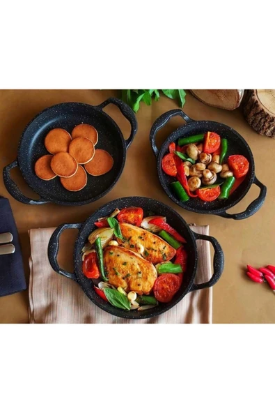 BabyLondy  BabyLondy 3'lü Set Döküm Siyah Granit Sahan Tava 22cm-20cm-18cm