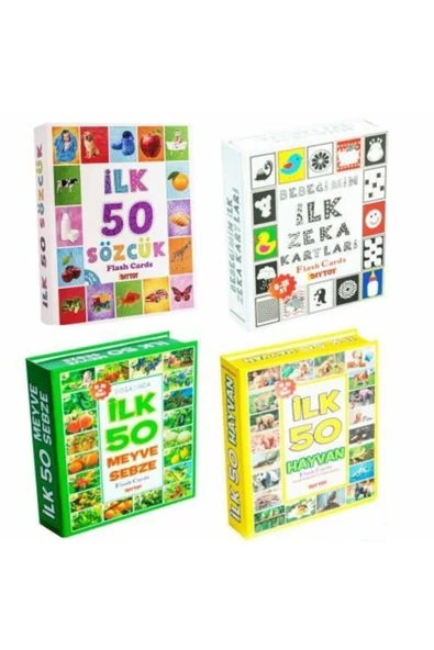 DIYTOY  DIYTOY Eğitim Seti 4'lü Ilk 50 Sözcük, Meyveler, Hayvanlar ve Bebeğimin Zeka Kartları