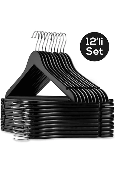 BabyLondy  BabyLondy 12 Adet Ahşap Görünümlü A Kalite Plastik Elbise Askısı Siyah Designedbygnd