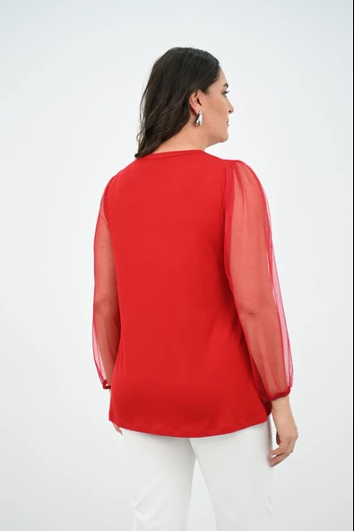 Kadın Büyük Beden Pileli V Yaka Tül Detaylı Bluz 1857-25 - 12