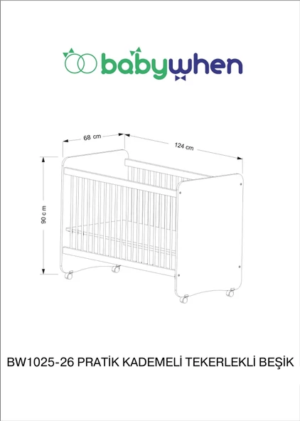 Babywhen BW1026 - Pratik Kademeli Tekerlekli Bebek Beşik Ahşap 60x120 - 8