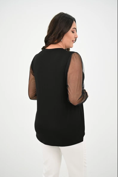 Kadın Büyük Beden Pileli V Yaka Tül Detaylı Bluz 1857-25 - 6