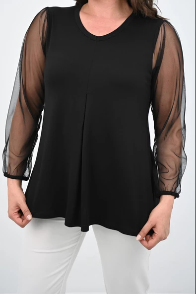 Kadın Büyük Beden Pileli V Yaka Tül Detaylı Bluz 1857-25 - 7