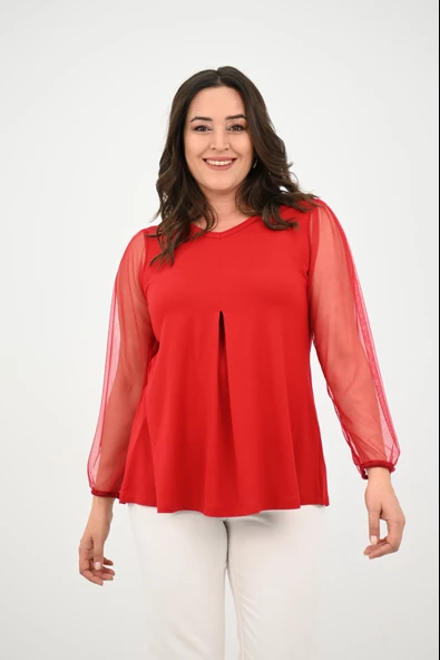 Kadın Büyük Beden Pileli V Yaka Tül Detaylı Bluz 1857-25 - 8