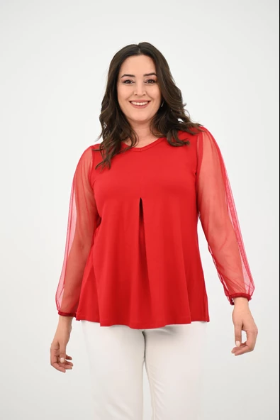 Kadın Büyük Beden Pileli V Yaka Tül Detaylı Bluz 1857-25 - 8