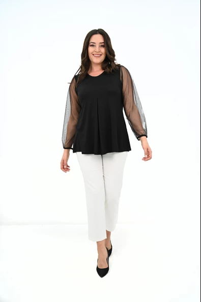 Kadın Büyük Beden Pileli V Yaka Tül Detaylı Bluz 1857-25 - 4