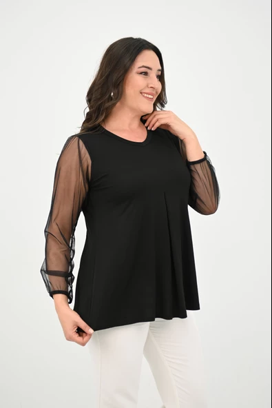 Kadın Büyük Beden Pileli V Yaka Tül Detaylı Bluz 1857-25 - 5