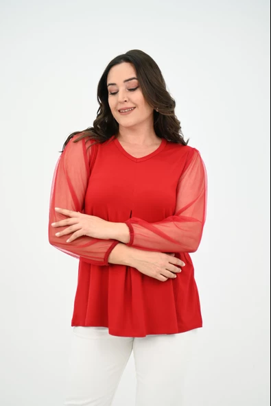 Kadın Büyük Beden Pileli V Yaka Tül Detaylı Bluz 1857-25 - 11