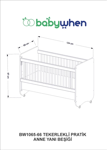 Babywhen Tekerlekli Kademeli Anne Yanı Bebek Beşik - Bebek Yatağı - Park Yatak - Beyaz - 60x120 Cm - Bw1065 - 7