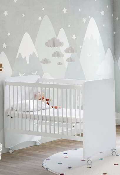 Babywhen Tekerlekli Anne Yanı Kademeli Bebek Beşiği - Bebek Yatağı - Park Yatak - Beyaz - 60x120 Cm Bw1025