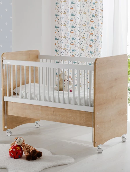 Babywhen BW1066 - Pratik Kademeli Anne Yanı Tekerlekli Bebek Beşik Ahşap 60x120