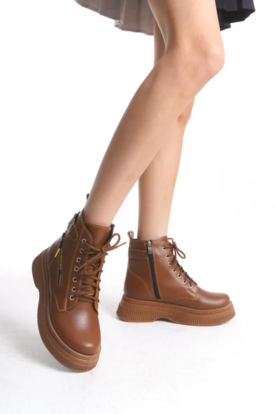 Kadın Kalın Taban Fermuar Detaylı Günlük Bot Bağcıklı ve Fermuarlı Kışlık Bot - Resim 9