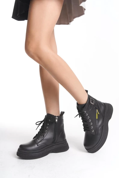 Kadın Kalın Taban Fermuar Detaylı Günlük Bot Bağcıklı ve Fermuarlı Kışlık Bot - Resim 6