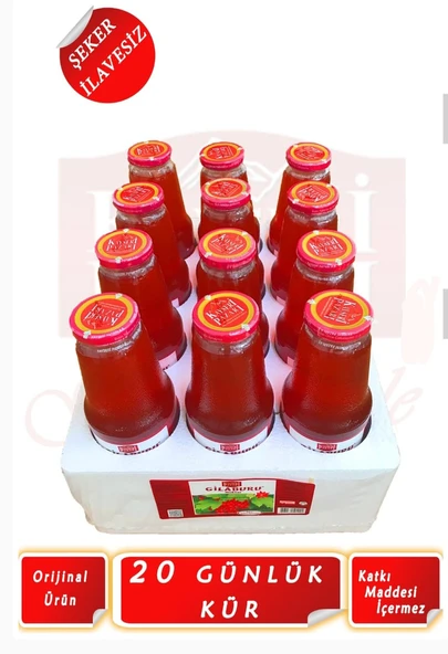 Kayseri Pazarı Gilaburu Suyu Nektarı 20 Gün Kullanım 1000 ml 12 Adet Cam Şişe Şeker Ilavesiz