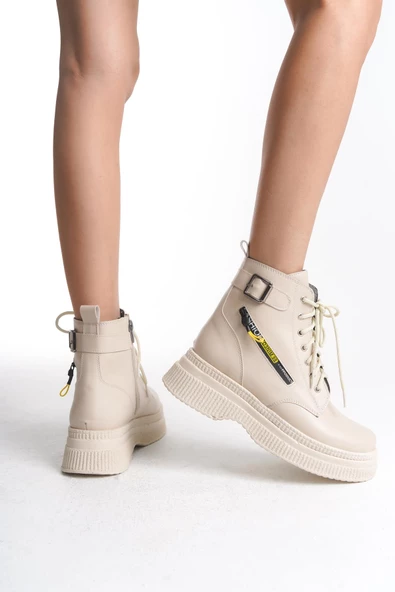 Kadın Kalın Taban Fermuar Detaylı Günlük Bot Bağcıklı ve Fermuarlı Kışlık Bot - Resim 3