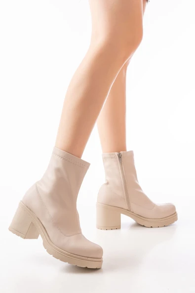 Streç Bej Fermuarlı Kalın Topuklu Günlük Kadın Bot ürün görseli