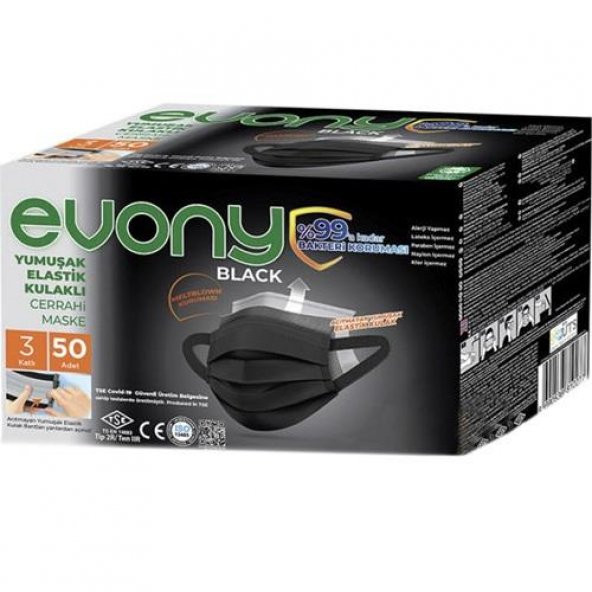 Evony Siyah 3 Katlı Cerrahi Maske 50li