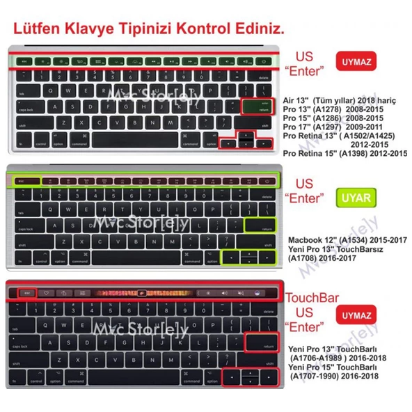 MacBook Pro Klavye Koruyucu 13inç A1708 ve 12 A1534 US İngilizce-Türkçe Q Baskılı İnce Silikon - 2