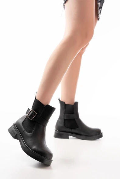 Siyah Toka Aksesuarlı Lastikli Günlük Kadın Bot - Resim 4