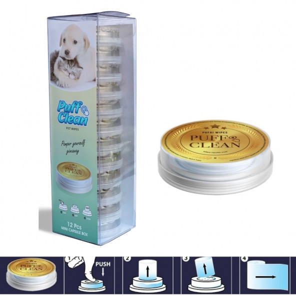 Pufai Puff Clean Extra nem ve yoğunluğa sahip doğal kedi köpek temizleme mendilleri 12 kapsül 1 Kutu