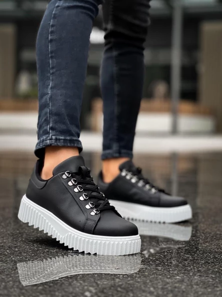 BA0505 Çengel Bağcıklı Siyah Renk Beyaz Tabanlı Günlük Ayakkabı ürün görseli