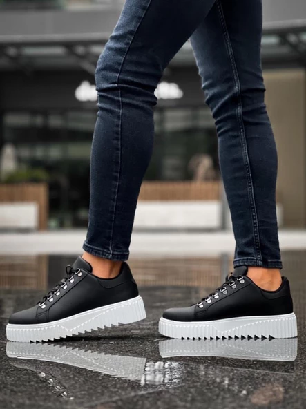 BA0505 Çengel Bağcıklı Siyah Renk Beyaz Tabanlı Günlük Ayakkabı - Resim 6