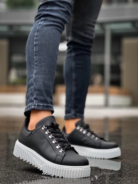 BA0505 Çengel Bağcıklı Siyah Renk Beyaz Tabanlı Günlük Ayakkabı - Resim 4