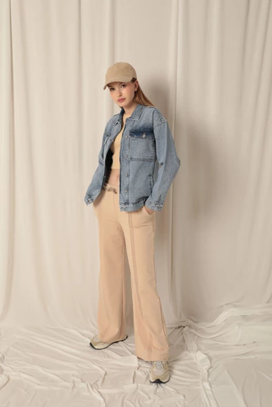 Denim Kumaş Sırtı Nakışlı Kadın Mavi Ceket - 3