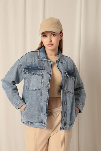 Denim Kumaş Sırtı Nakışlı Kadın Mavi Ceket - 2