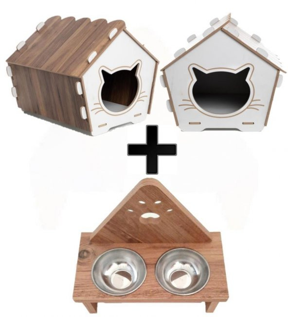 Ahşap Kedi evi Ve Ahşap  mama kabı seti - 3