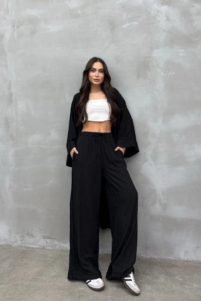Kadın Yırtmaçlı Gofre Ikili Kimono Takım