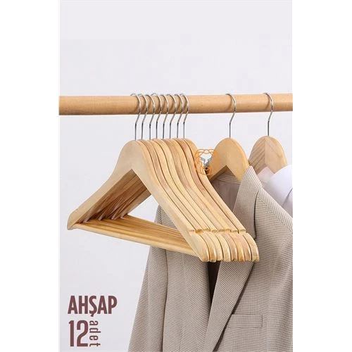 Natural Ahşap Elbise Askısı 12 ADET Montague Design