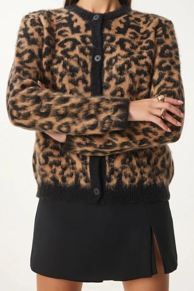 Kadın Şardonlu Leopar Desenli Kısa Sakallı Triko Hırka - 5