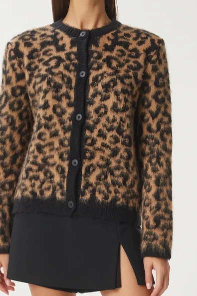 Kadın Şardonlu Leopar Desenli Kısa Sakallı Triko Hırka - 6