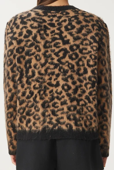 Kadın Şardonlu Leopar Desenli Kısa Sakallı Triko Hırka - 7