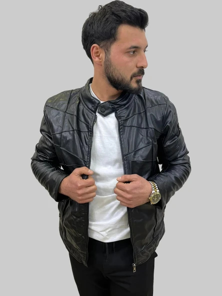 Erkek Motorcu Siyah Deri Mont&Ceket - 10