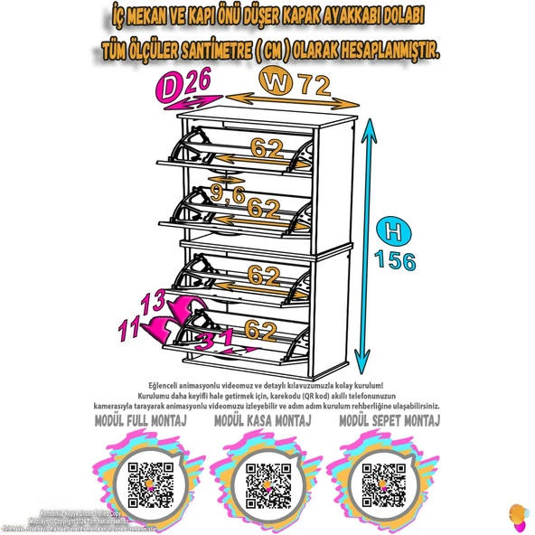 Modilayn UMAY' 2 Li Asma Antre Hol 72 x 148 x 25,5 cm’ lik 4 Düşer Kapak 8 Bölmeli Ayakkabılık - 4