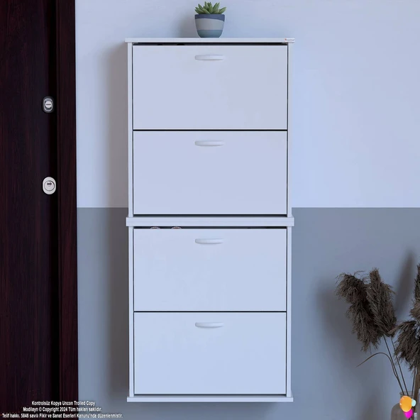 Modilayn UMAY' 2 Li Asma Antre Hol 72 x 148 x 25,5 cm’ lik 4 Düşer Kapak 8 Bölmeli Ayakkabılık - 3