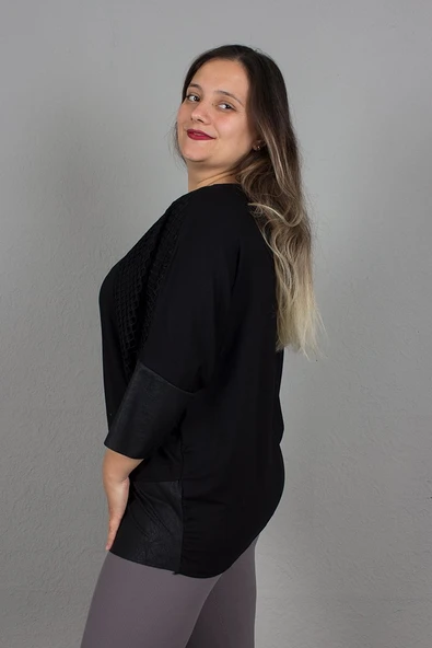 Büyük Beden Yaka  Yarasa Model Tül Detaylı Bluz - 2