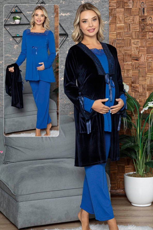 Jenika 42446 Kadın Mavi Sabahlıklı 3lü Hamile Pijama Takımı