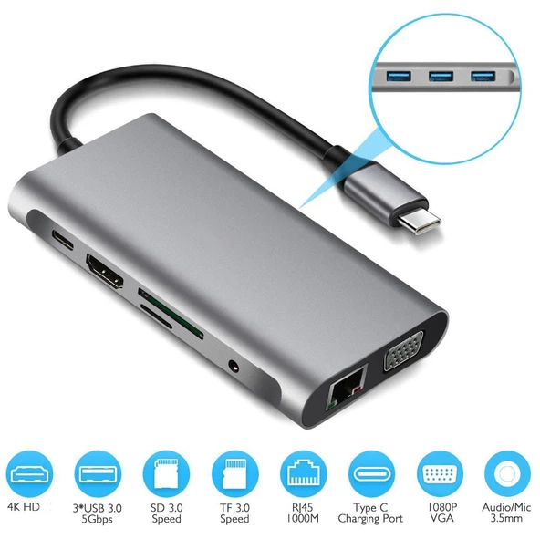 Valkyrie 10 in 1 USB 3.0 HDMI 4K SD Macbook Type-C Hub Çevirici Çoklayıcı - 3