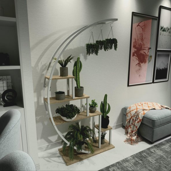 Dekoratif Metal Çiçeklik Ferforje Ahşap Çiçeklik Saksılık BEYAZ - 2