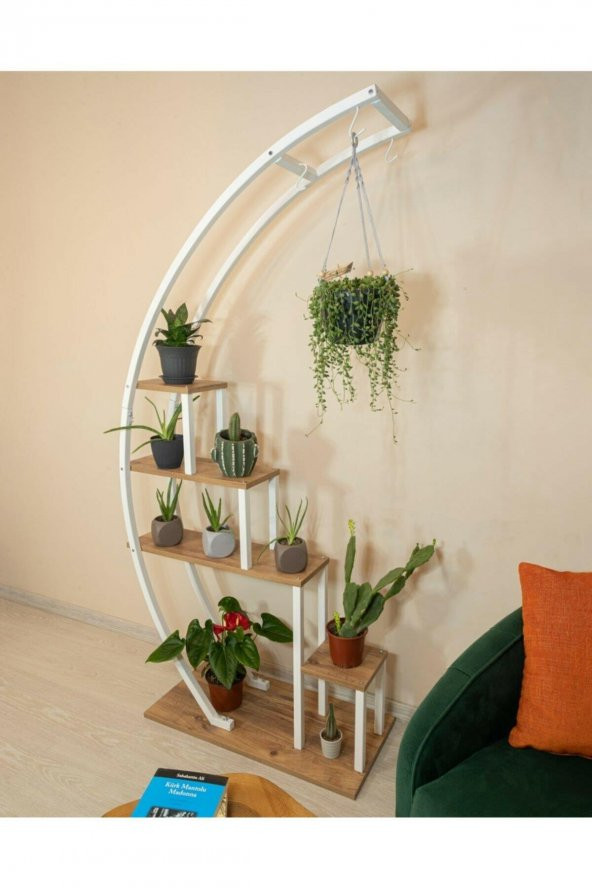 Dekoratif Metal Çiçeklik Ferforje Ahşap Çiçeklik Saksılık BEYAZ - 5