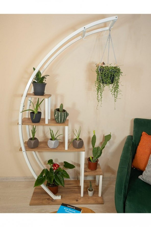 Dekoratif Metal Çiçeklik Ferforje Ahşap Çiçeklik Saksılık BEYAZ - 6