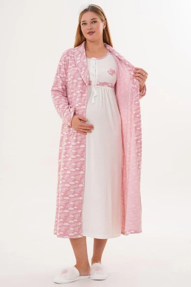 Mecit 6101 Bayan Hamile Lohusa Pembe Sabahlık Gecelik Takımı - Resim 7