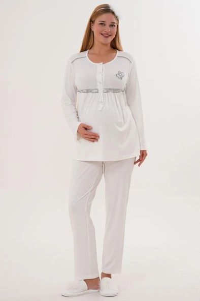 Mecit 6100 Bayan Hamile Lohusa Gri Şardonlu Sabahlık Pijama Takım - Resim 10