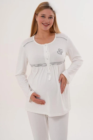 Mecit 6100 Bayan Hamile Lohusa Gri Şardonlu Sabahlık Pijama Takım - Resim 9