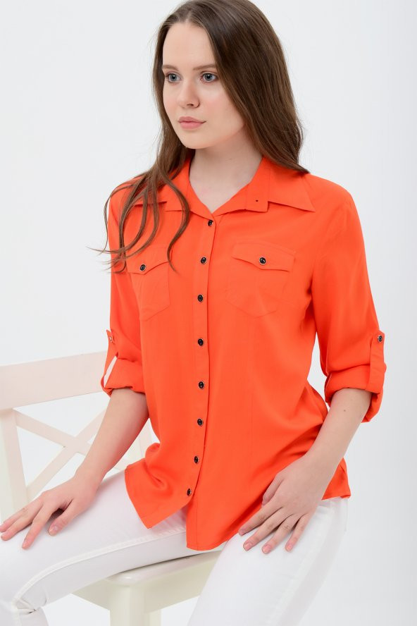 Kadın turuncu çift cepli gömlek