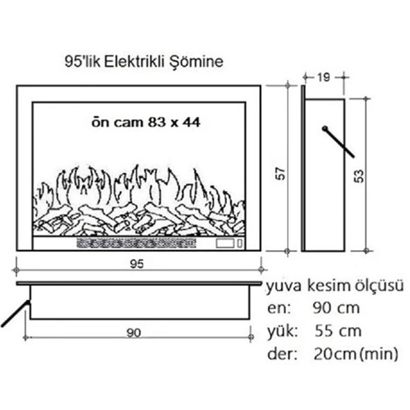 Alaz Efekt 1800W 95cm Ses Efektli Dekoratif Elektrikli Şömine - 6